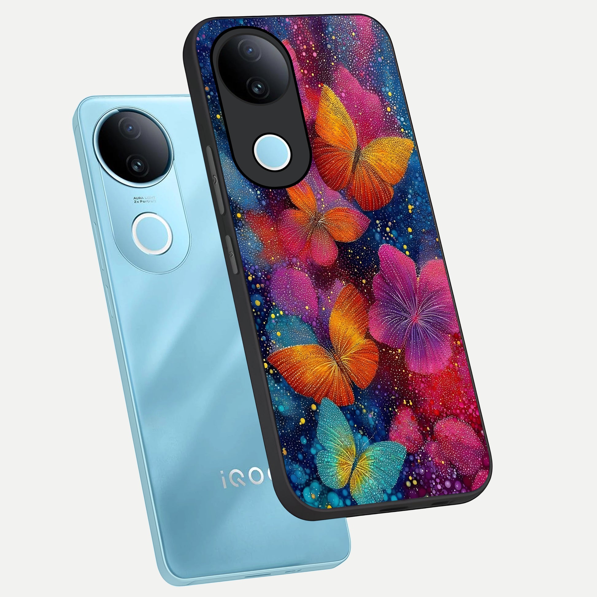  Butterfly Dream Mist phone case for iQOO Z10R showing premium glass back cover with detailed artwork