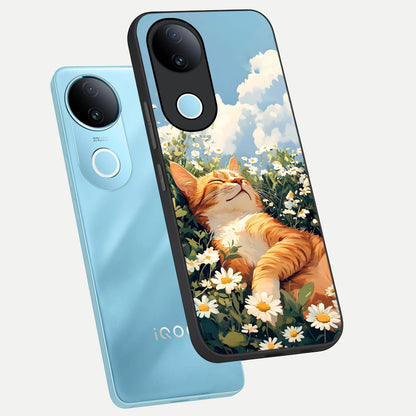  Cat And Flowers View phone case for  iQOO Z10R showing premium glass back cover with detailed artwork