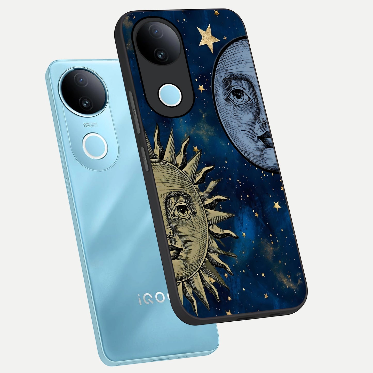  Celestial Moon With Sun phone case for  iQOO Z10R showing premium glass back cover with detailed artwork