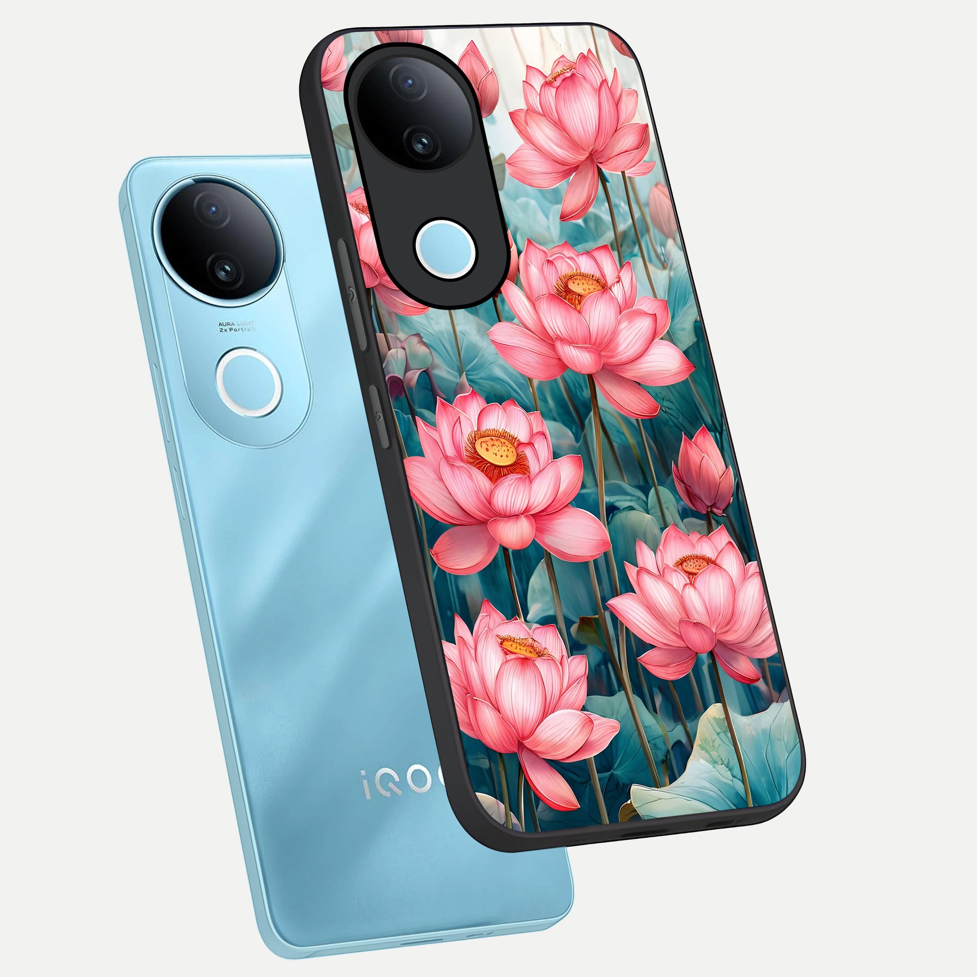  Celestial Pink Lotus phone case for iQOO Z10R showing premium glass back cover with detailed artwork