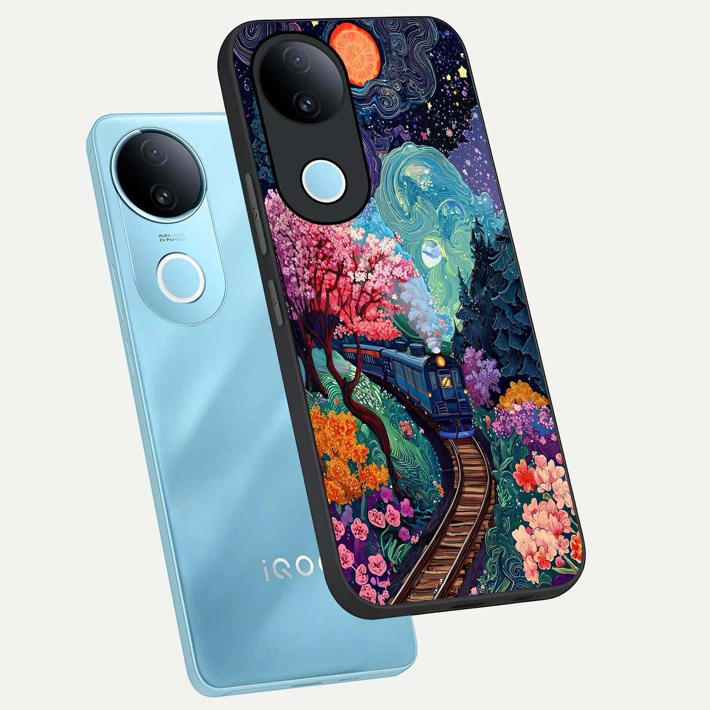  Celestial Train Journey phone case for iQOO Z10R showing premium glass back cover with detailed artwork