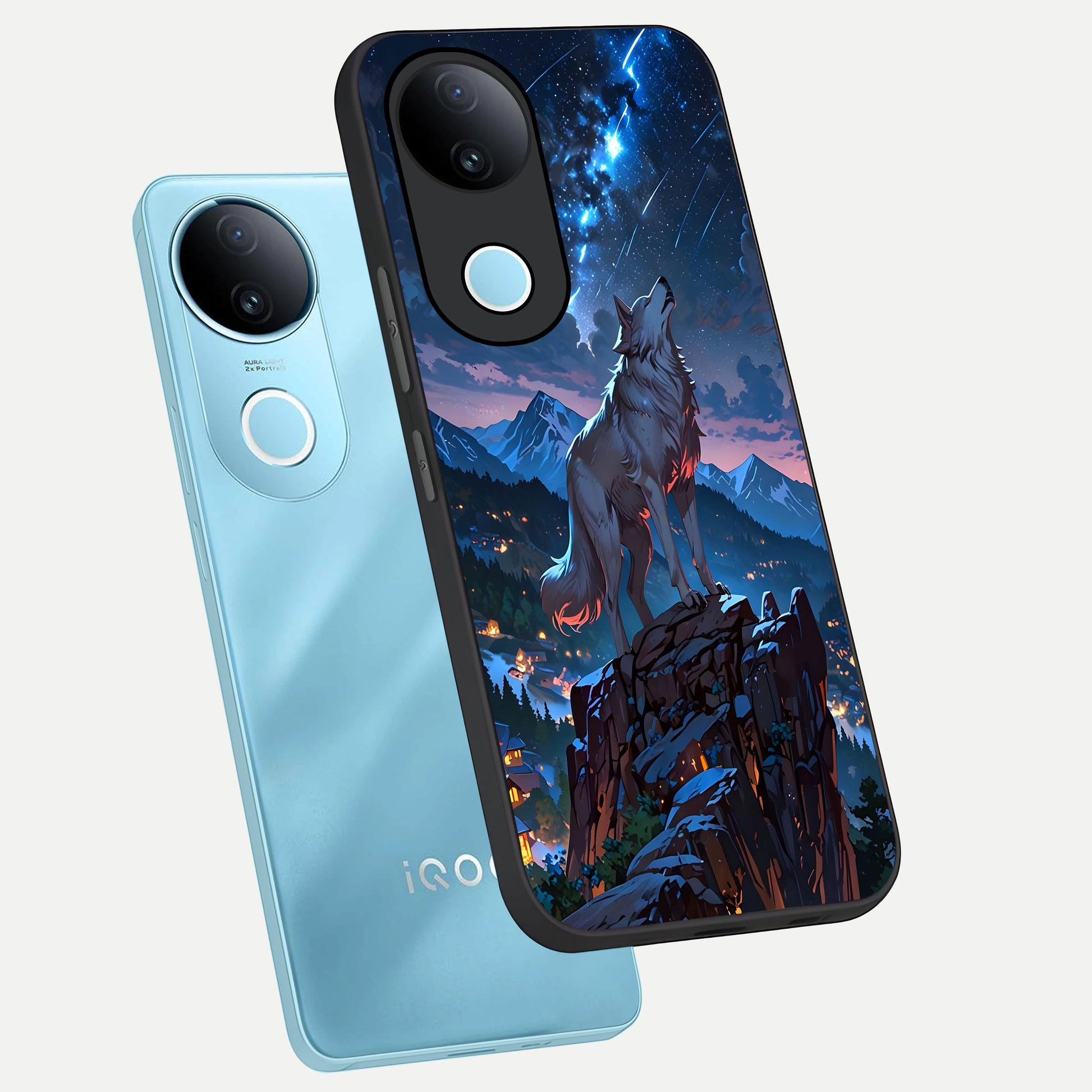  Celestial Wolf Howl phone case for iQOO Z10R showing premium glass back cover with detailed artwork