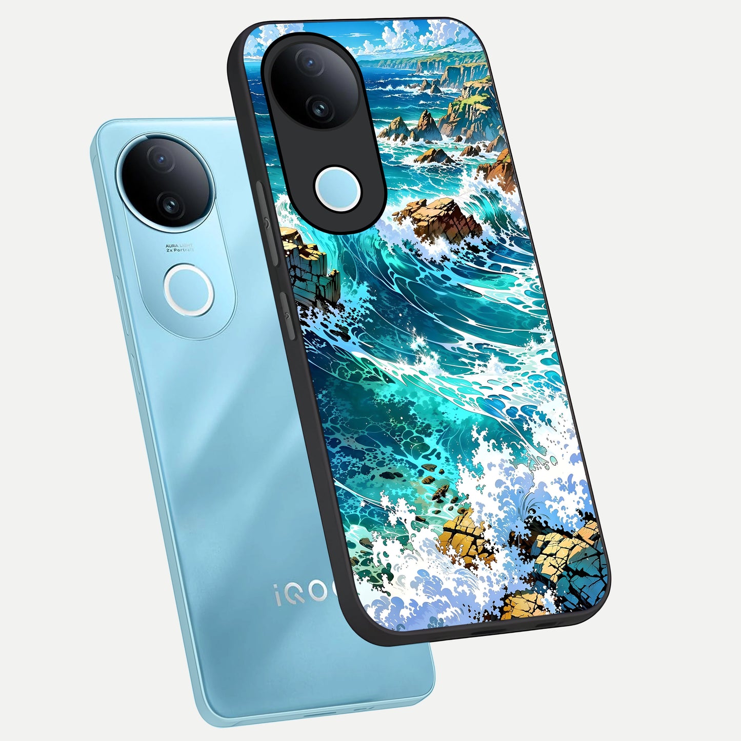  Coastal Blue Waves phone case for iQOO Z10R showing premium glass back cover with detailed artwork