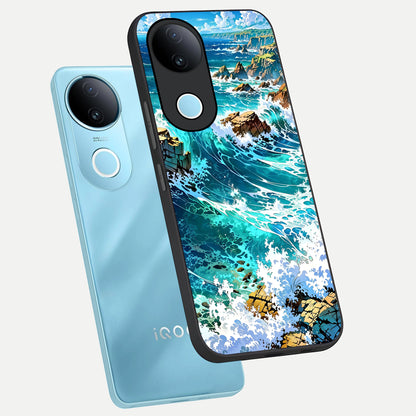  Coastal Blue Waves phone case for  iQOO Z10R showing premium glass back cover with detailed artwork