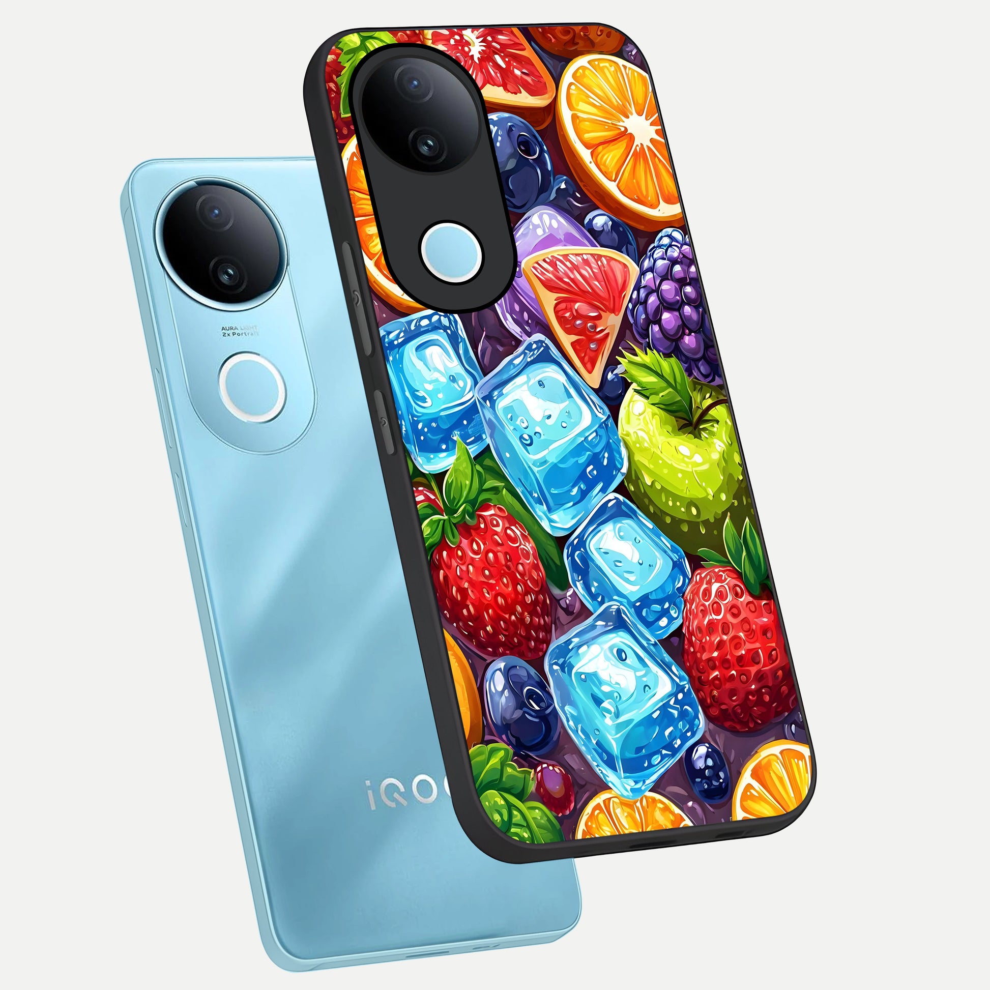  Colorful Fruits with Ice phone case for iQOO Z10R showing premium glass back cover with detailed artwork