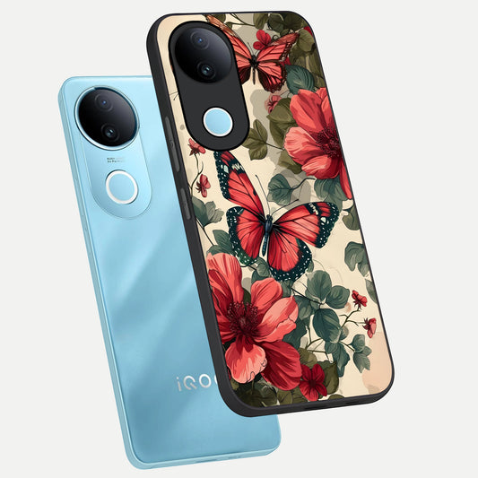  Crimson Butterfly Garden phone case for iQOO Z10R showing premium glass back cover with detailed artwork