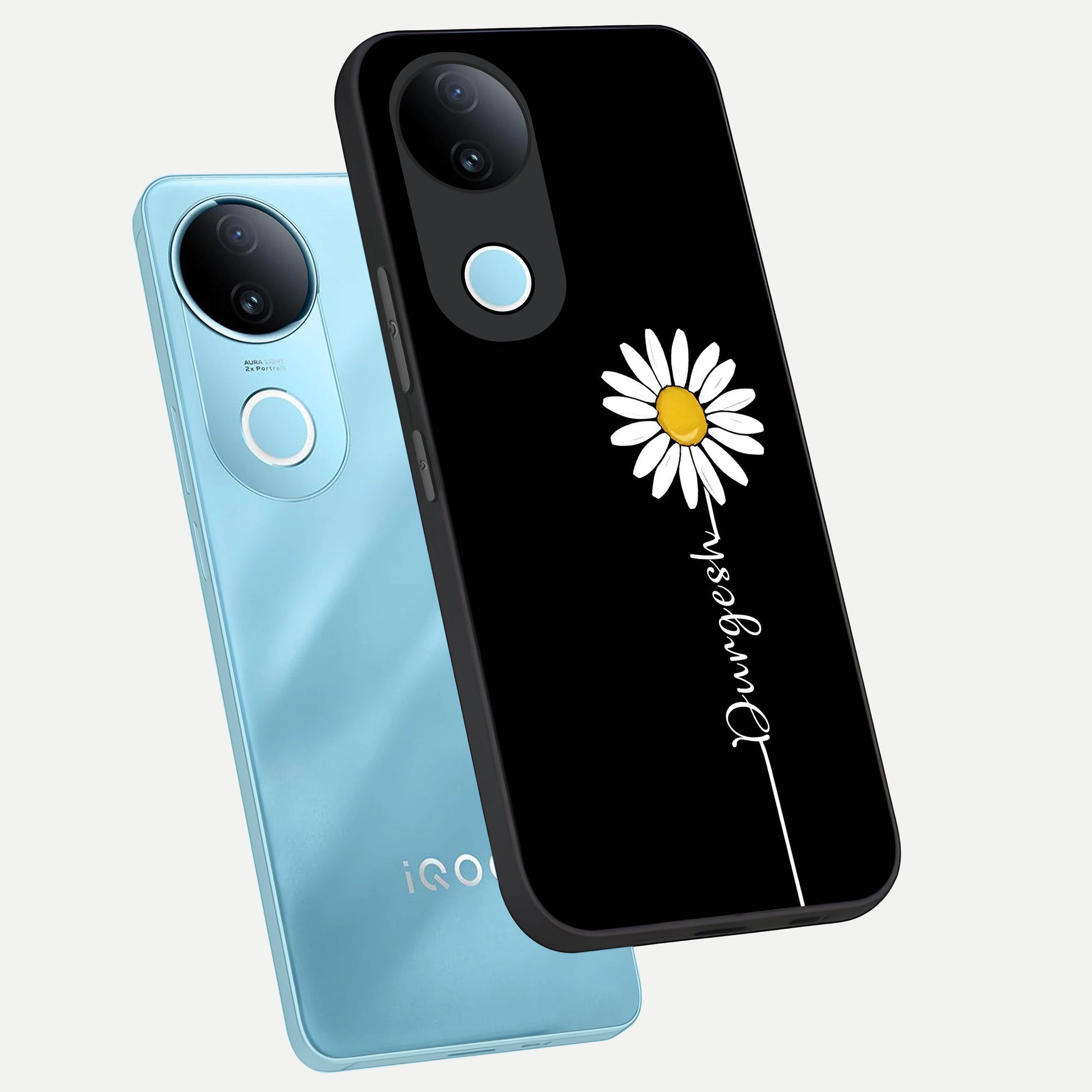  Custom Name White Flower phone case for  iQOO Z10R showing premium glass back cover with detailed artwork