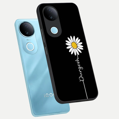  Custom Name White Flower phone case for  iQOO Z10R showing premium glass back cover with detailed artwork