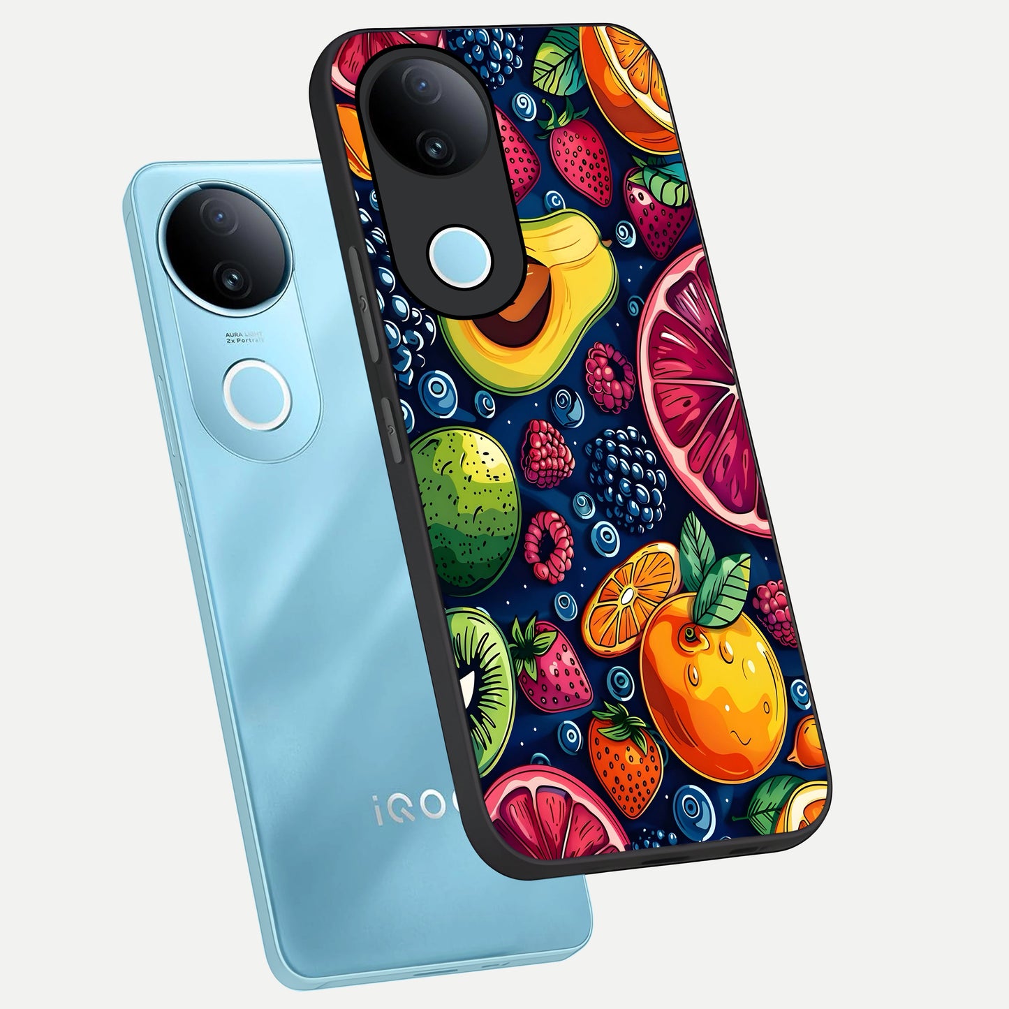  Cute Fruits Art phone case for iQOO Z10R showing premium glass back cover with detailed artwork