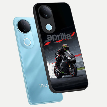  Dark Aprilla phone case for iQOO Z10R showing premium glass back cover with detailed artwork
