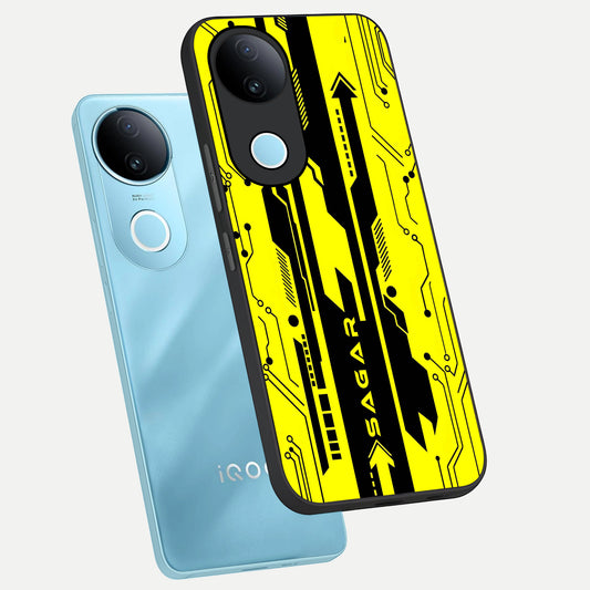  Electric Pulse CYBERPUNK Custom Name phone case for  iQOO Z10R showing premium glass back cover with detailed artwork