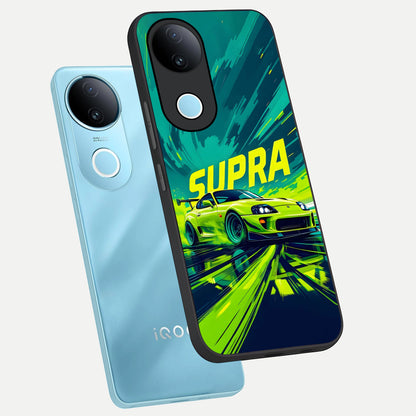  Electric Supra Thunder phone case for iQOO Z10R showing premium glass back cover with detailed artwork
