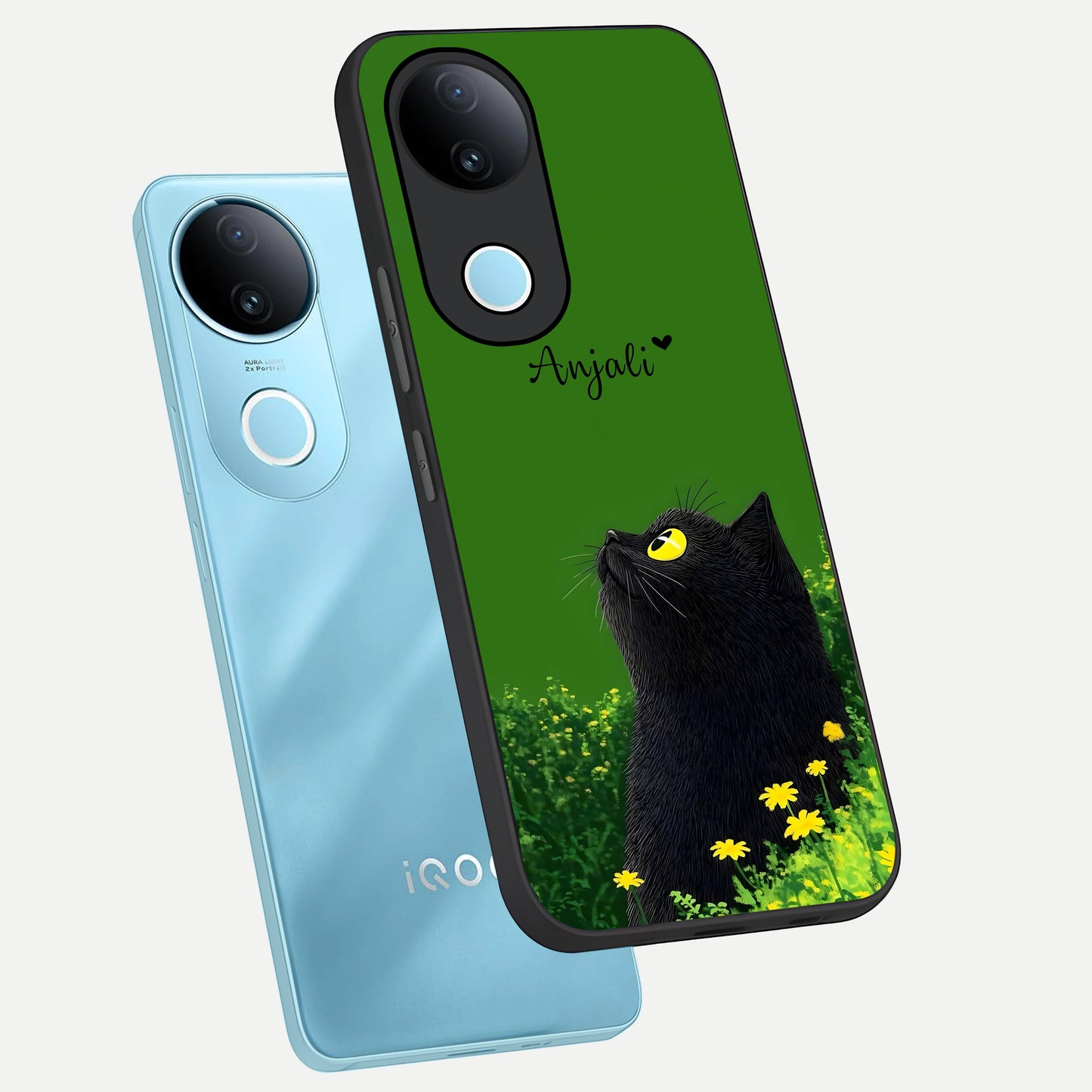 Emerald Cat Custom Name phone case for  iQOO Z10R showing premium glass back cover with detailed artwork