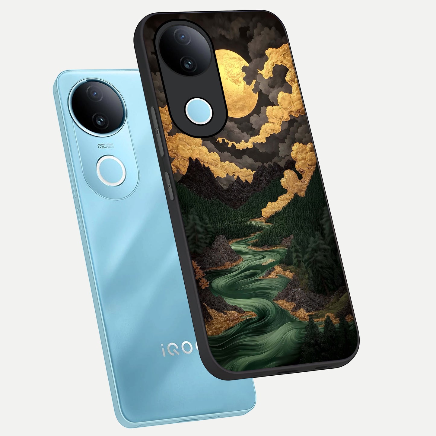  Golden River Moon phone case for iQOO Z10R showing premium glass back cover with detailed artwork