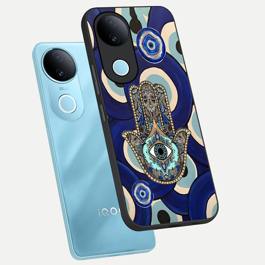  Hamsa Divine Guard phone case for iQOO Z10R showing premium glass back cover with detailed artwork