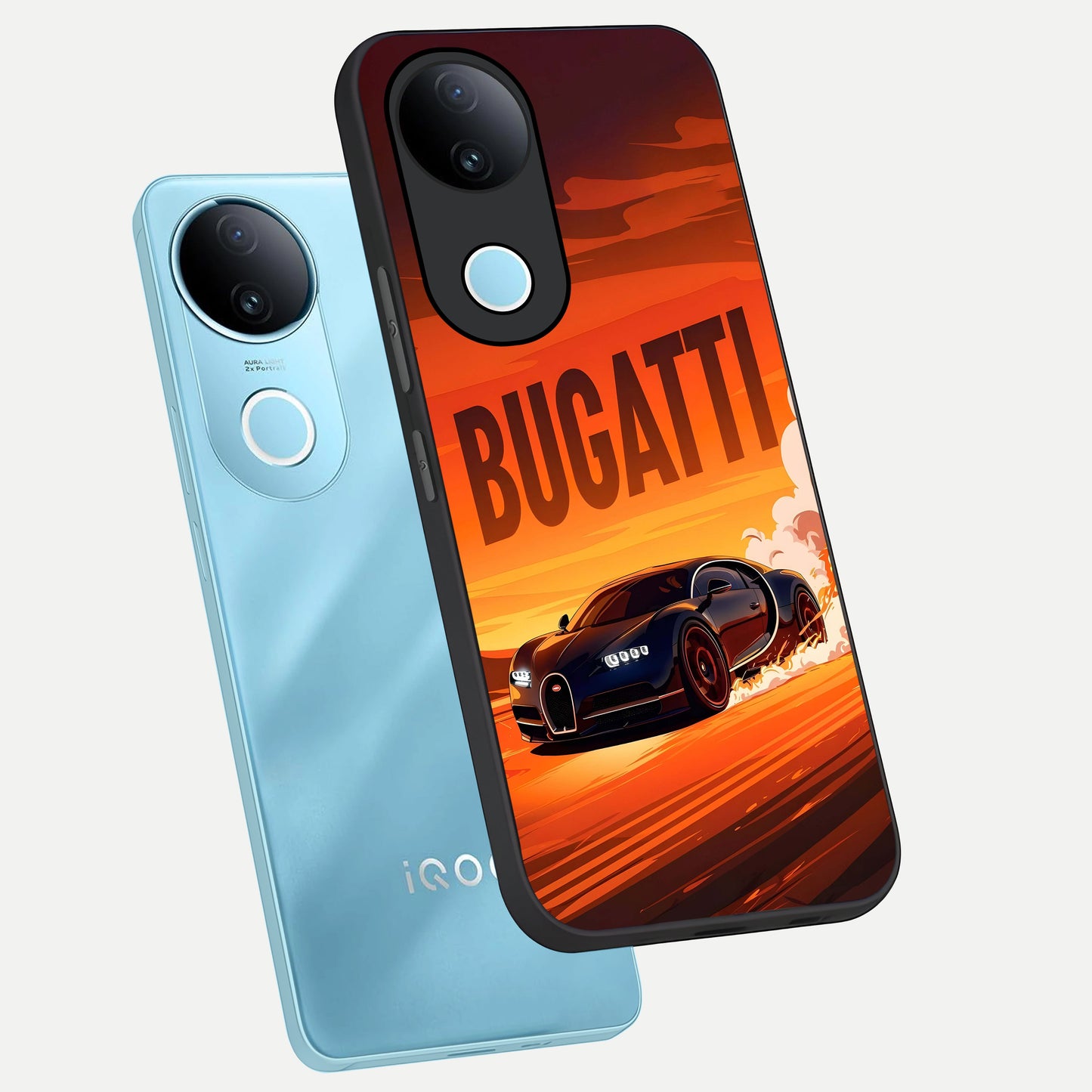  Inferno Bugatti Storm phone case for iQOO Z10R showing premium glass back cover with detailed artwork