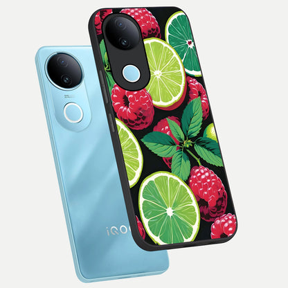  Lime and Raspberry Pattern phone case for iQOO Z10R showing premium glass back cover with detailed artwork