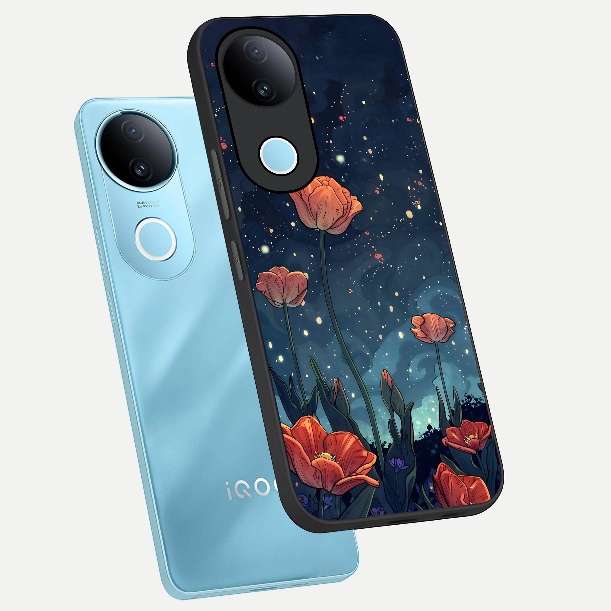  Midnight Tulip Glow phone case for  iQOO Z10R showing premium glass back cover with detailed artwork