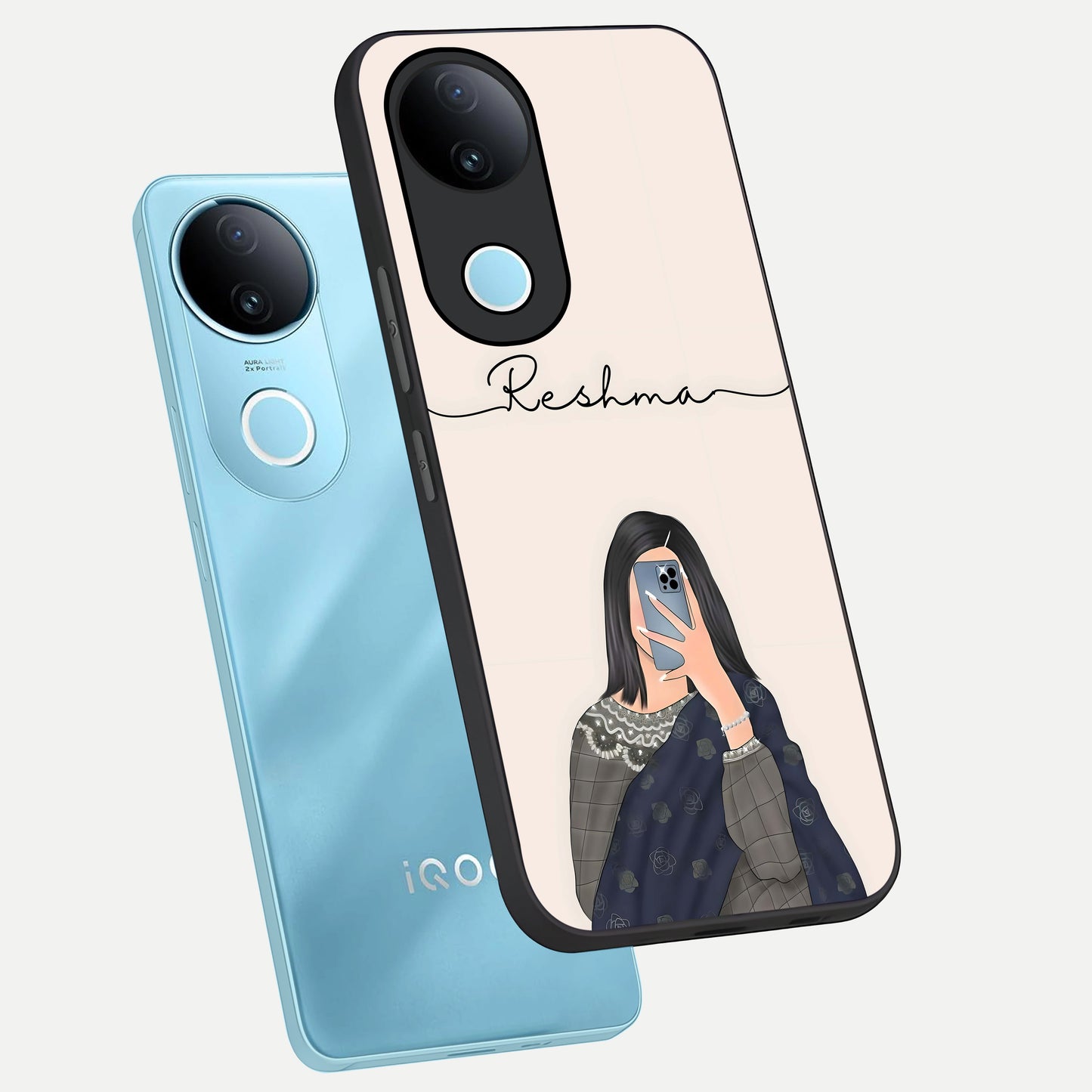  Mirror Mood Muse With Custom Name phone case for iQOO Z10R showing premium glass back cover with detailed artwork
