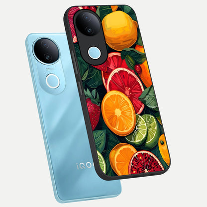 Multiple Fruits phone case for  iQOO Z10R showing premium glass back cover with detailed artwork