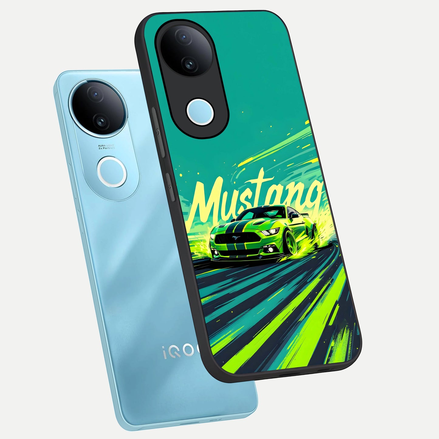  Mustang Bang phone case for iQOO Z10R showing premium glass back cover with detailed artwork