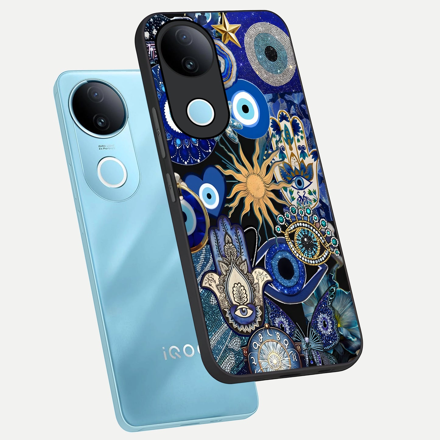  Mystic Blue Evil Eye phone case for  iQOO Z10R showing premium glass back cover with detailed artwork