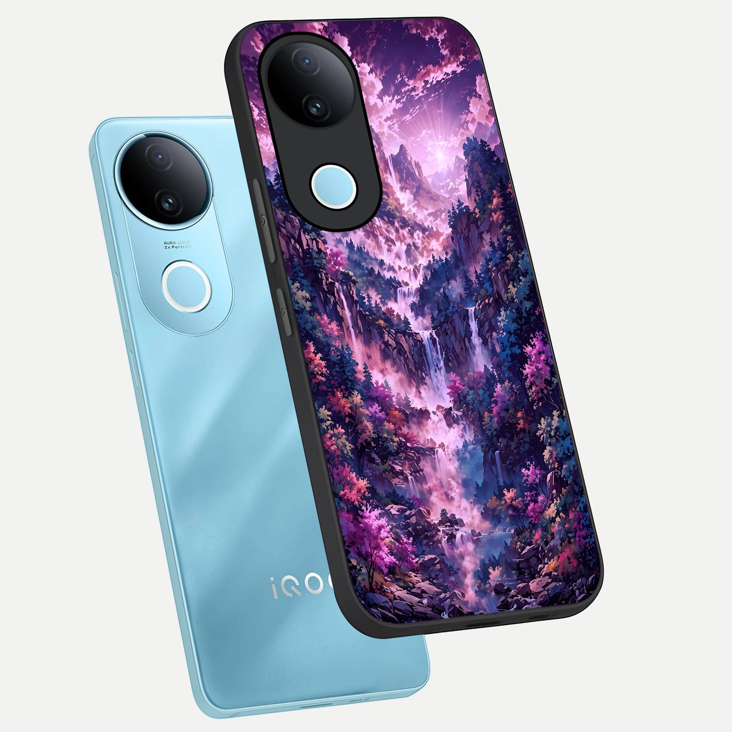  Mystic Cascade Peaks phone case for  iQOO Z10R showing premium glass back cover with detailed artwork