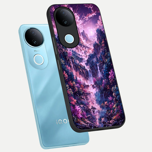  Mystic Cascade Peaks phone case for  iQOO Z10R showing premium glass back cover with detailed artwork