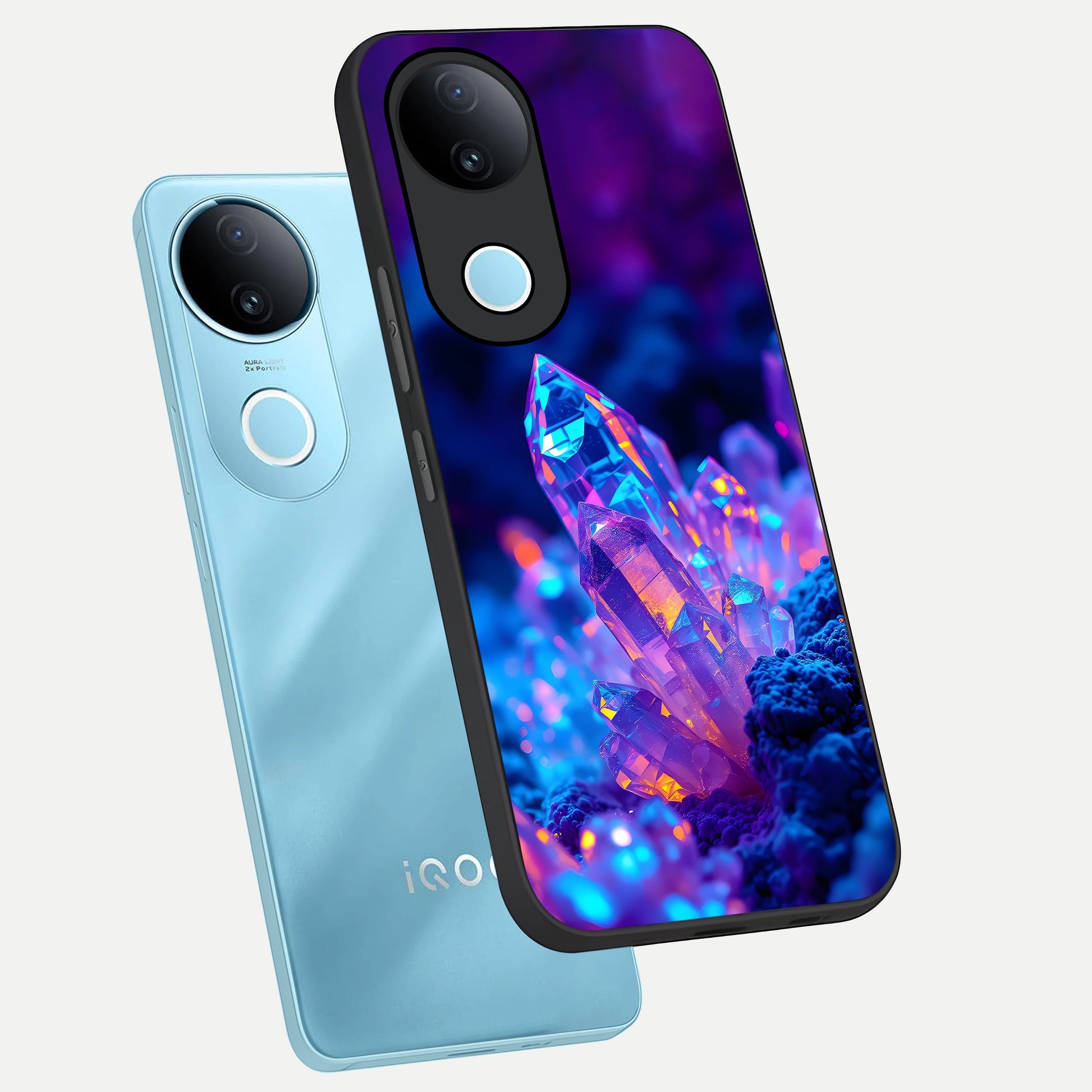  Neon Aura Shards phone case for iQOO Z10R showing premium glass back cover with detailed artwork