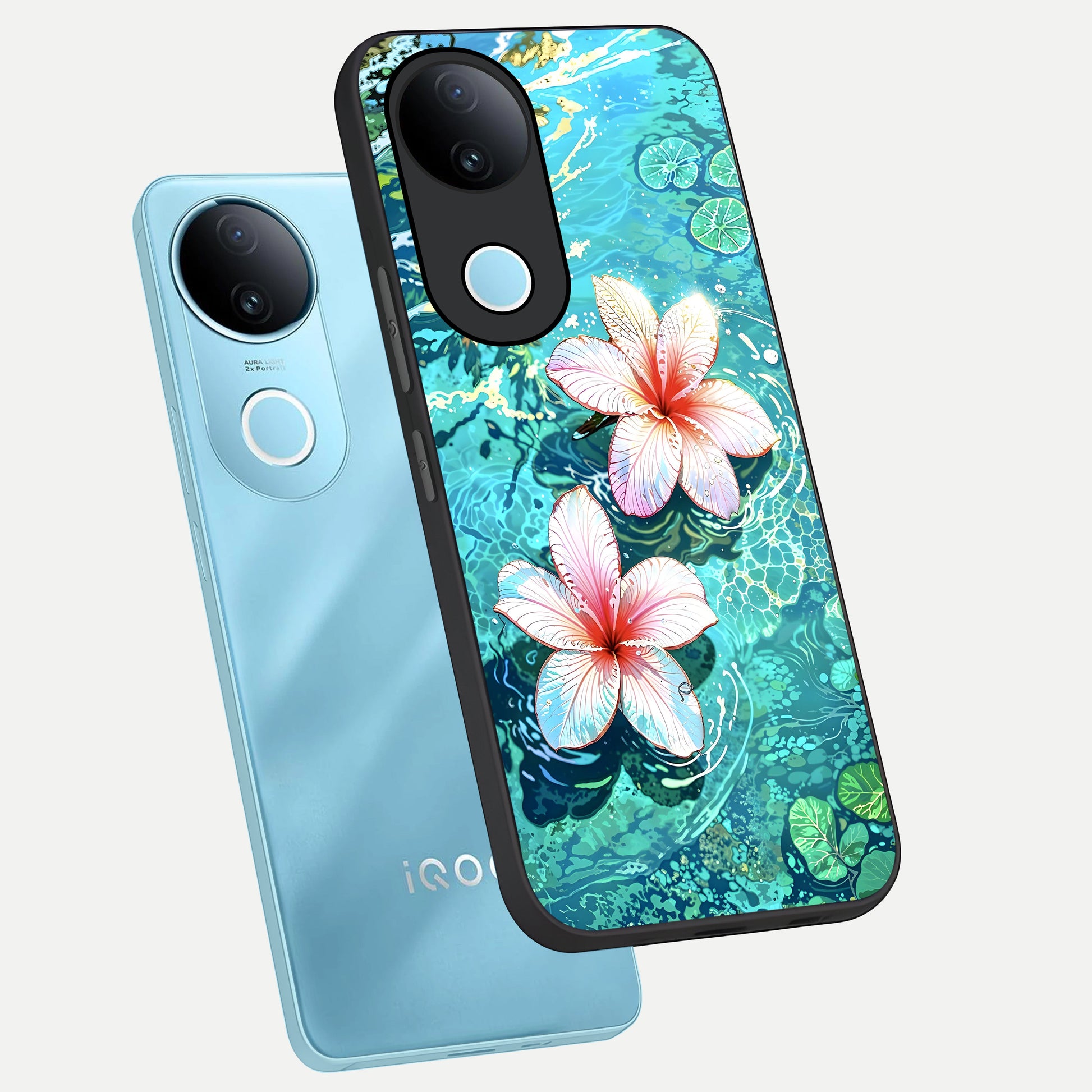  Pink Flowers in Water phone case for iQOO Z10R showing premium glass back cover with detailed artwork