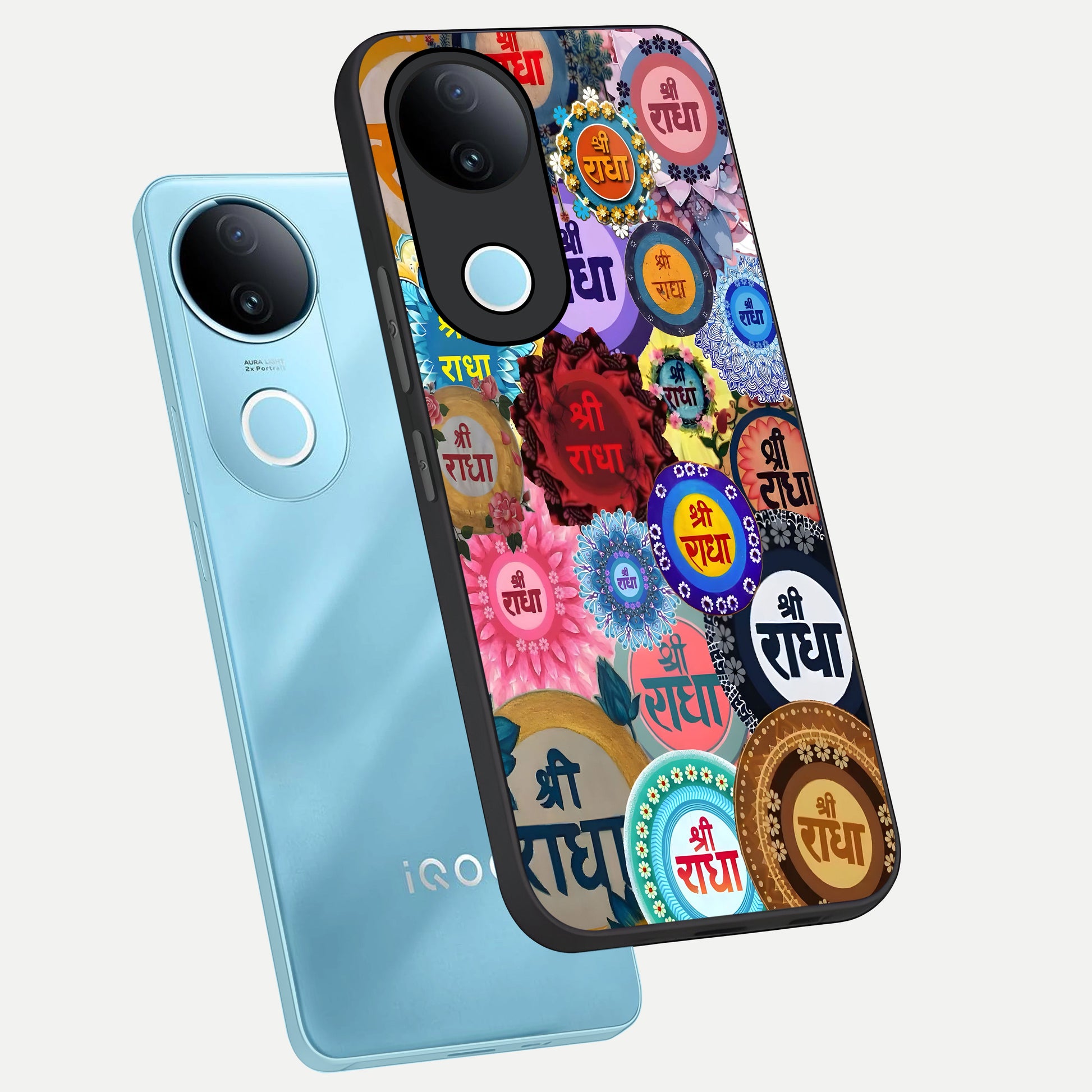  Radha Divine Bloom phone case for iQOO Z10R showing premium glass back cover with detailed artwork