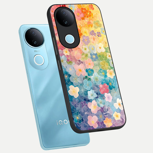  Rainbow Blossom Burst phone case for iQOO Z10R showing premium glass back cover with detailed artwork