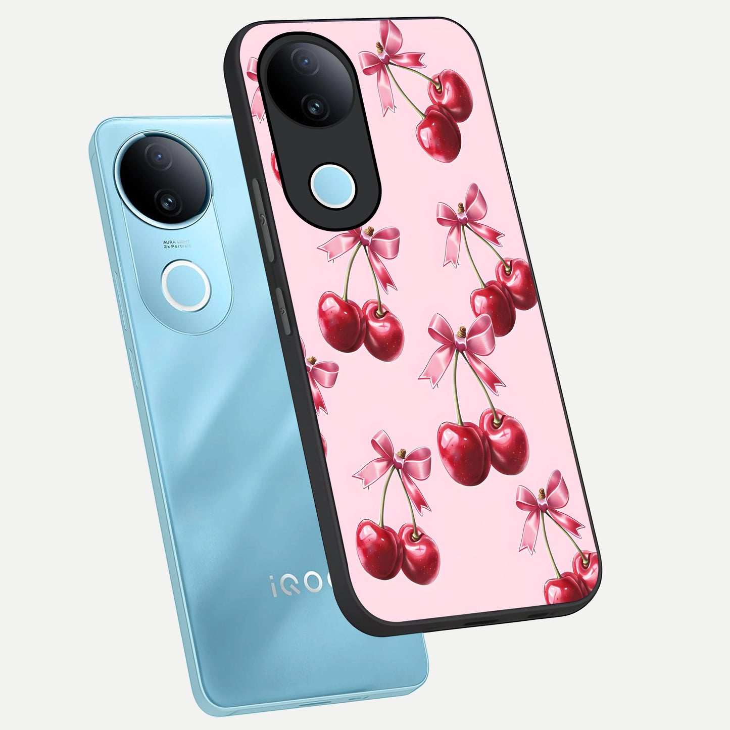 Red Cherries Pattern phone case for  iQOO Z10R showing premium glass back cover with detailed artwork