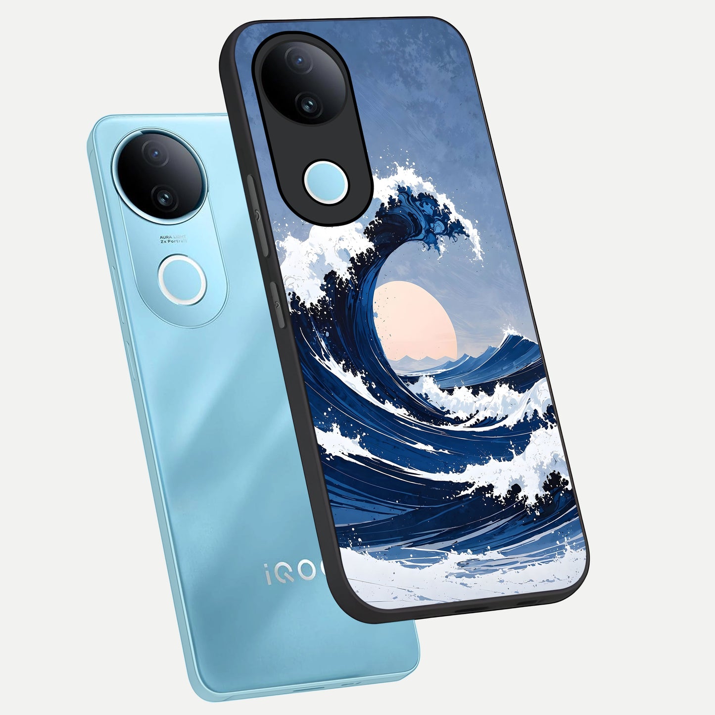  Rising Tide Power phone case for iQOO Z10R showing premium glass back cover with detailed artwork