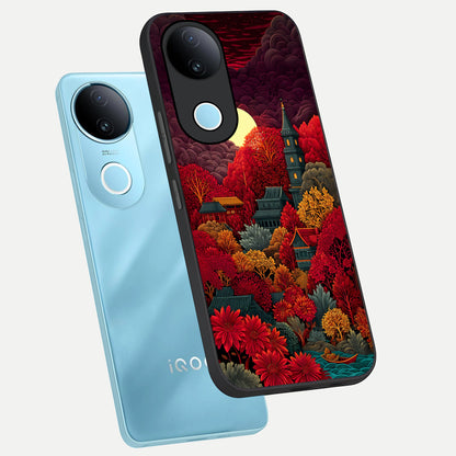  Scarlet Autumn Temple phone case for  iQOO Z10R showing premium glass back cover with detailed artwork