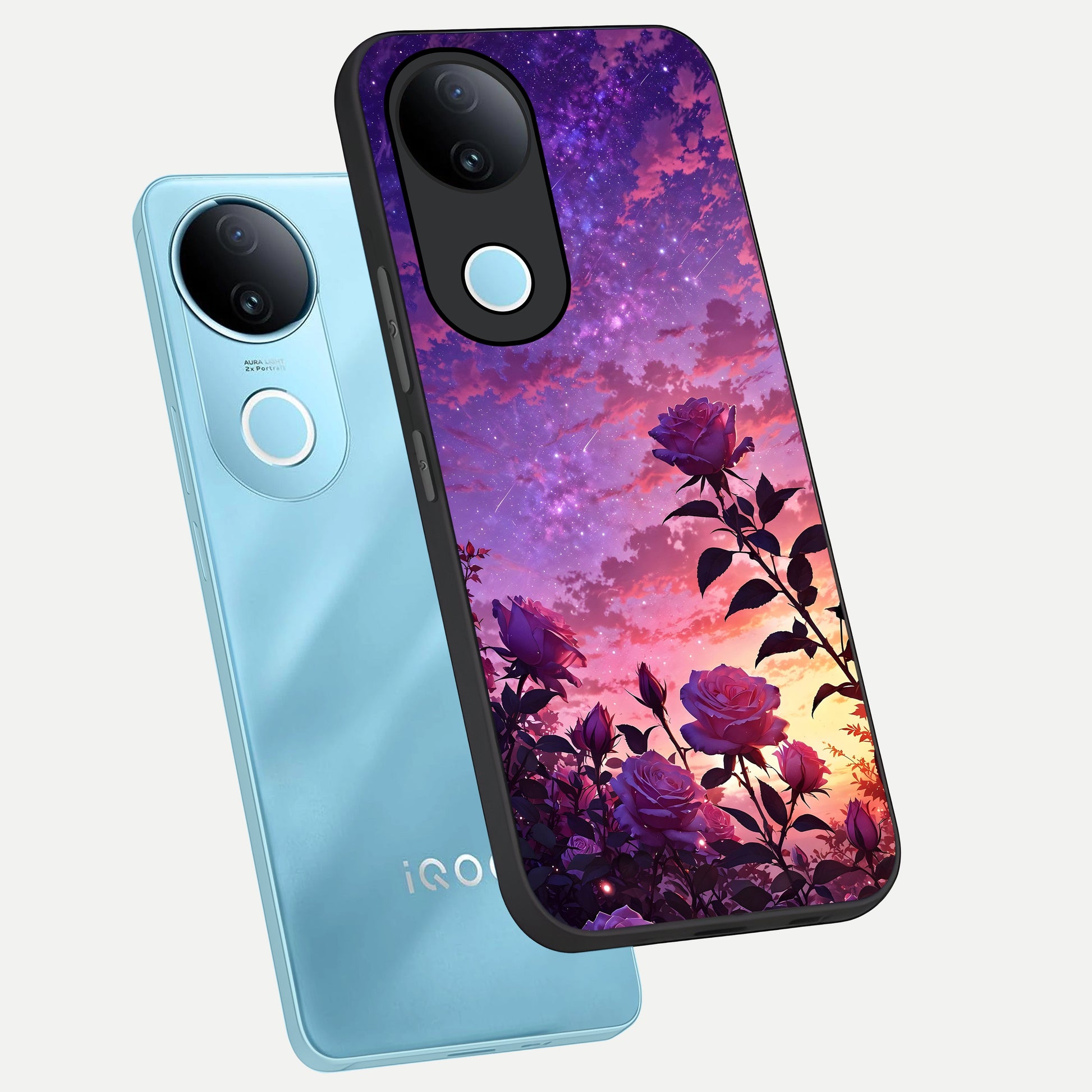  Starlit Rose Twilight phone case for iQOO Z10R showing premium glass back cover with detailed artwork