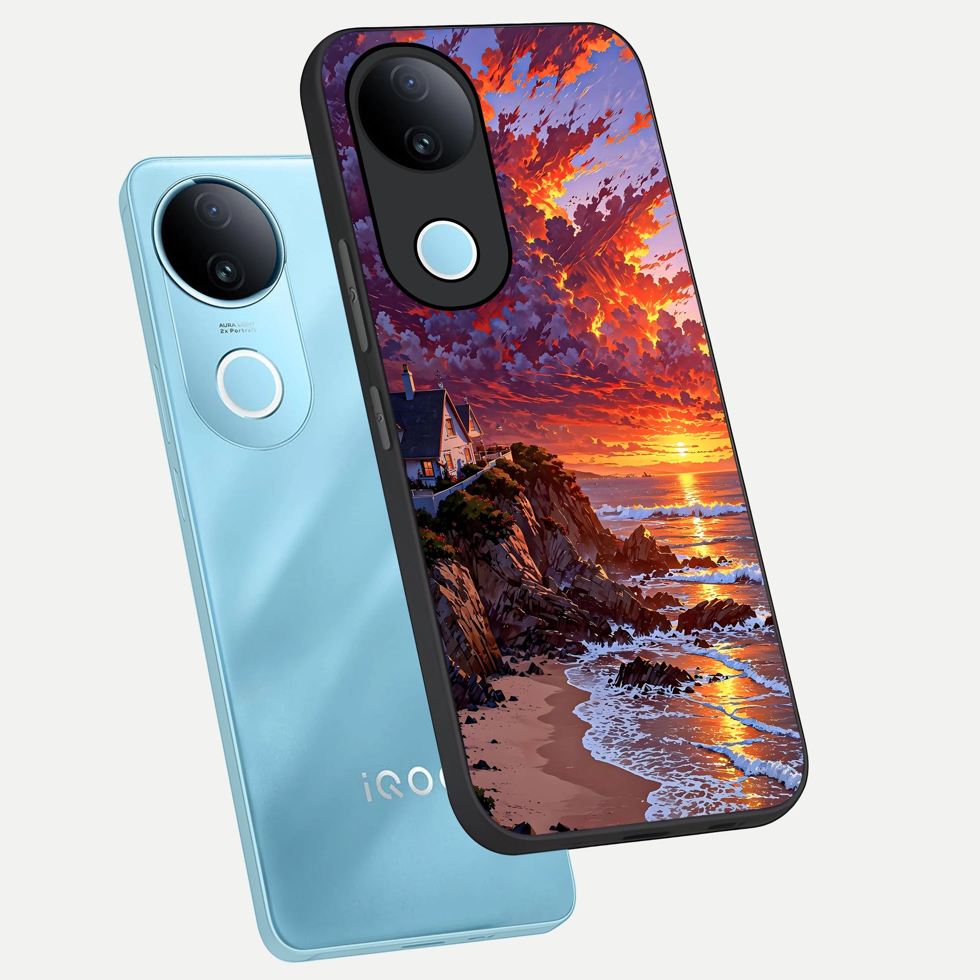  Sunset House By Sea phone case for  iQOO Z10R showing premium glass back cover with detailed artwork