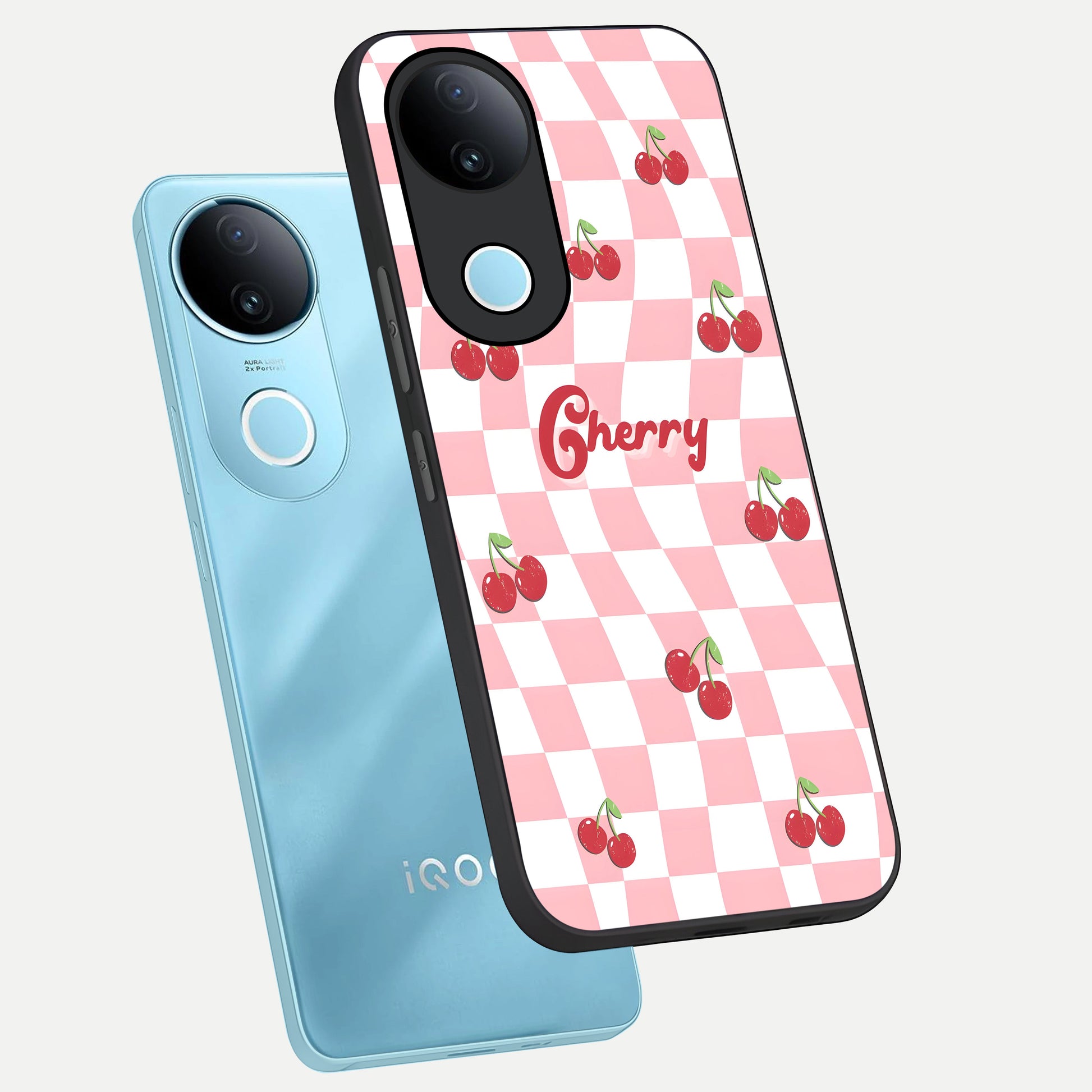  Sweet Cherry Vibes phone case for  iQOO Z10R showing premium glass back cover with detailed artwork