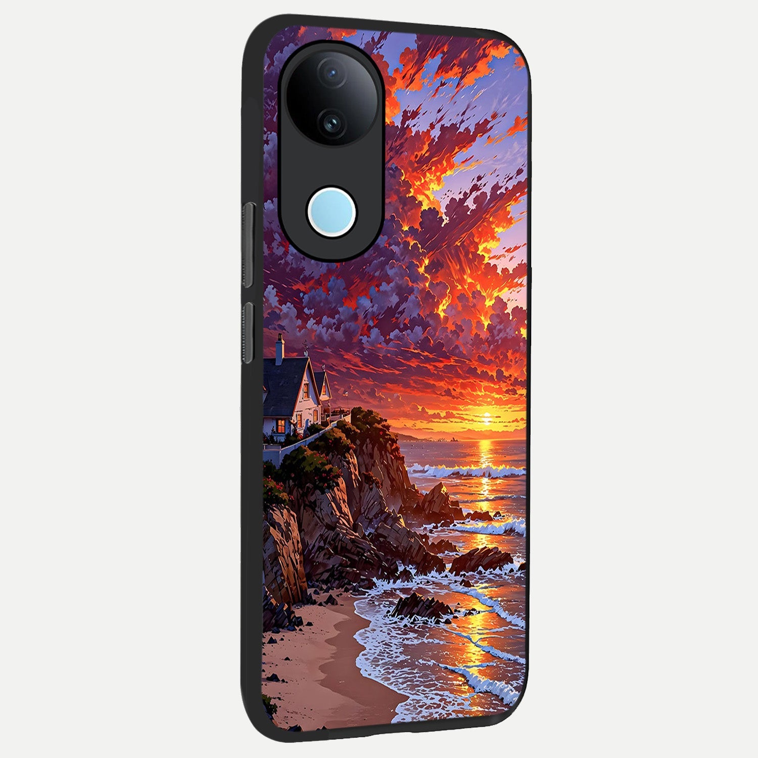  Sunset House By Sea back cover for iQOO Z10R slim fit glass case with vibrant aesthetic design