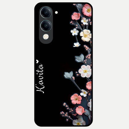  Black Elegance Floral Custom Name Glass Case for iQOO Z10 Lite back cover – full design glossy printed glass finish