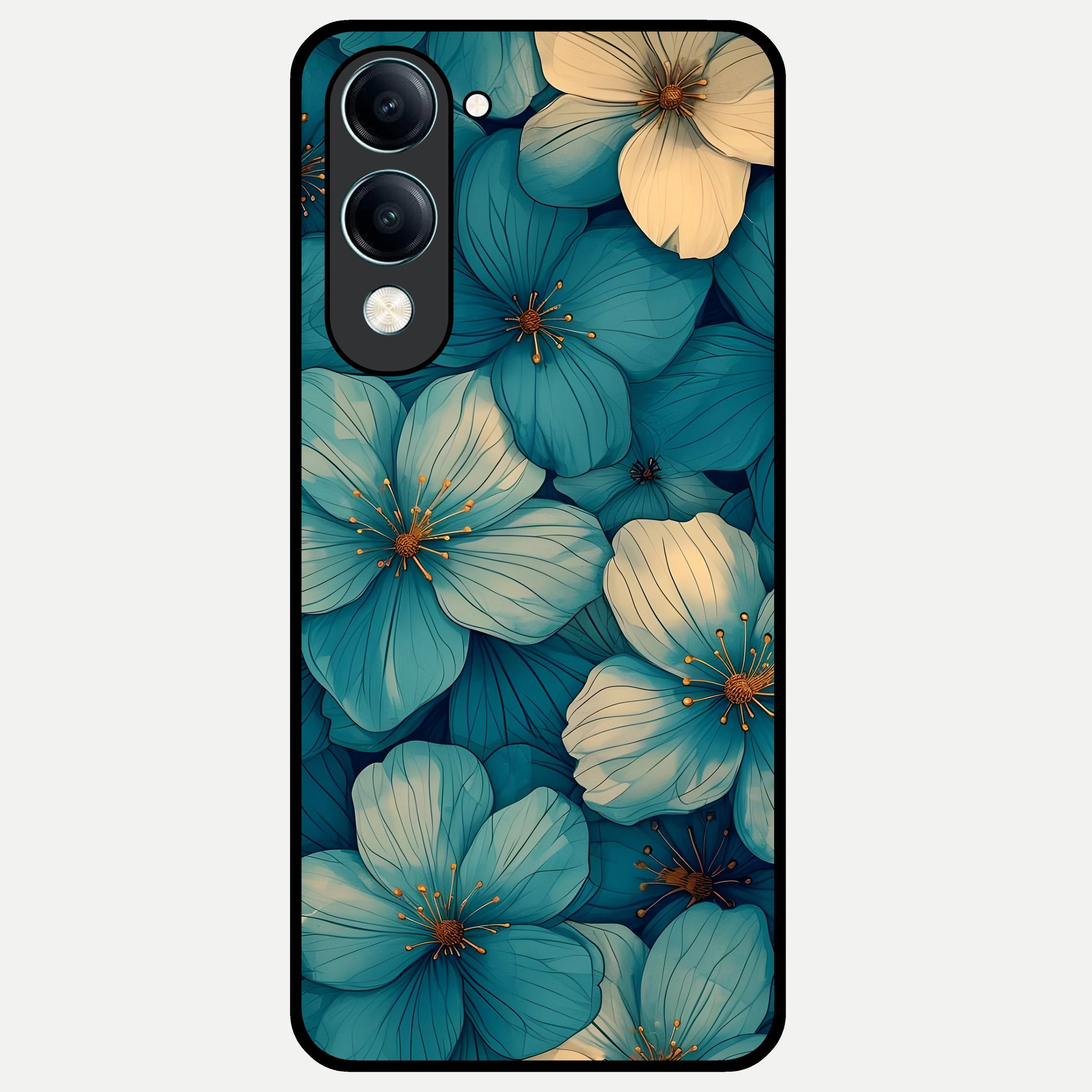 Blue Shade Floral Glass Case for iQOO Z10 Lite back cover – full design glossy printed glass finish