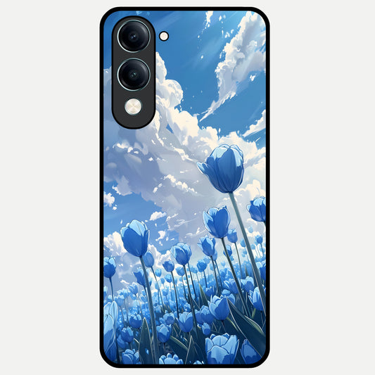  Blue Tulip Clouds Glass Case for iQOO Z10 Lite back cover – full design glossy printed glass finish