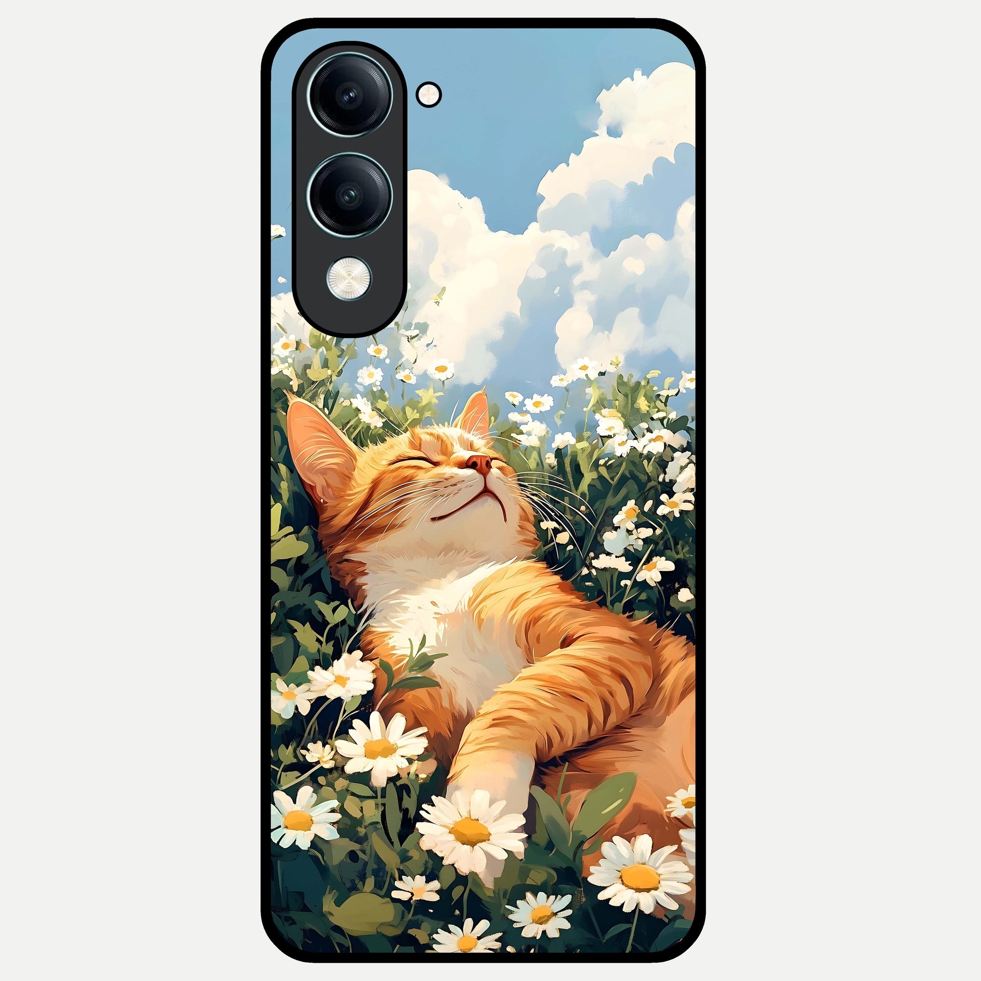  Cat And Flowers View Glass Case for iQOO Z10 Lite back cover – full design glossy printed glass finish