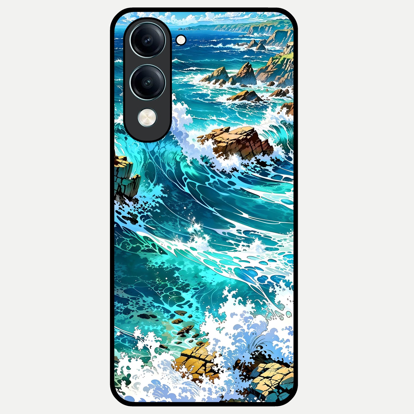 Coastal Blue Waves Glass Case for iQOO Z10 lite back cover – full design glossy printed glass finish
