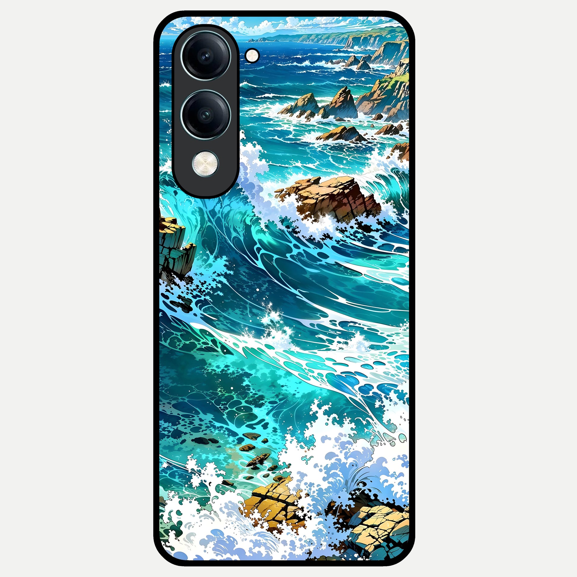  Coastal Blue Waves Glass Case for iQOO Z10 lite back cover – full design glossy printed glass finish
