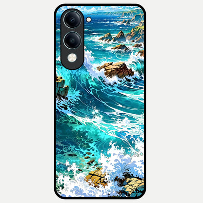  Coastal Blue Waves Glass Case for iQOO Z10 lite back cover – full design glossy printed glass finish