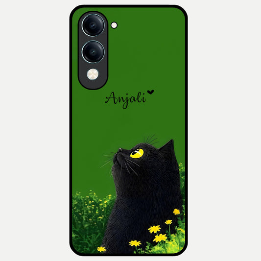  Emerald Cat Custom Name Glass Case for iQOO Z10 Lite back cover – full design glossy printed glass finish