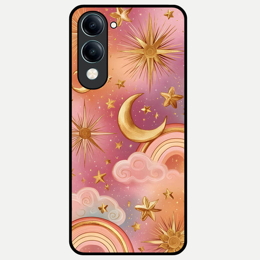  Golden Celestial Dreams Glass Case for iQOO Z10 Lite back cover – full design glossy printed glass finish