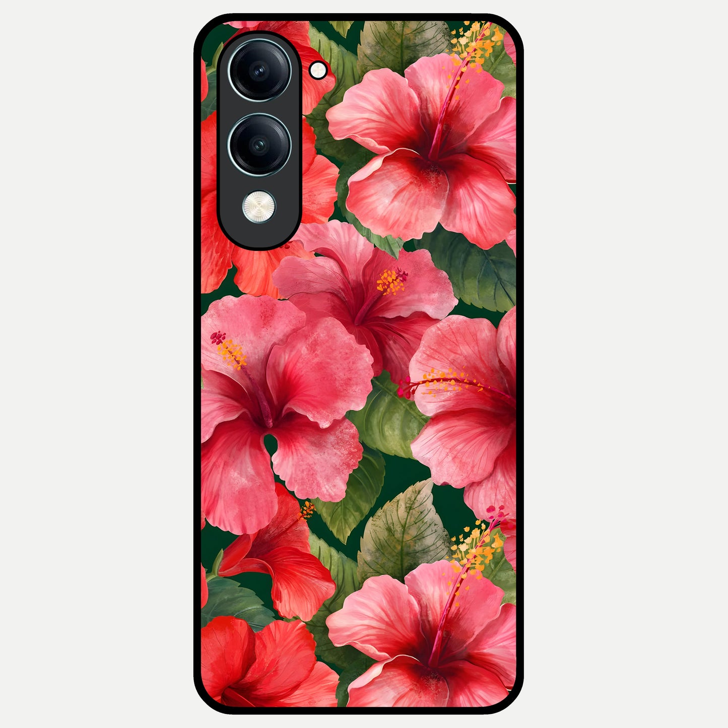  Hibiscus Pattern Glass Case for iQOO Z10 Lite back cover – full design glossy printed glass finish