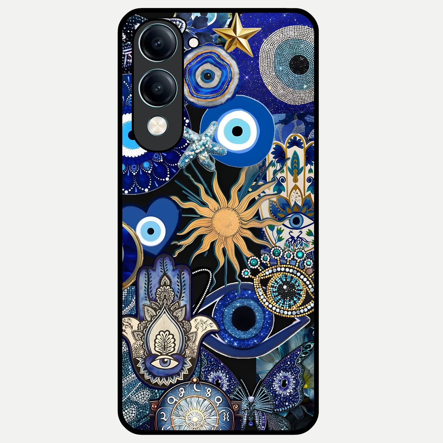  Mystic Blue Evil Eye Glass Case for iQOO Z10 Lite back cover – full design glossy printed glass finish